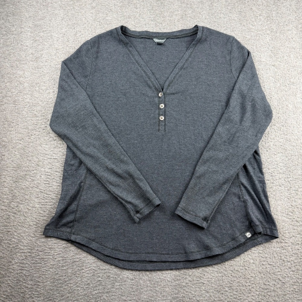 Eddie Bauer Henley Top Womens XL Gray Waffle‎ Knit Long Sleeve Curved Hem